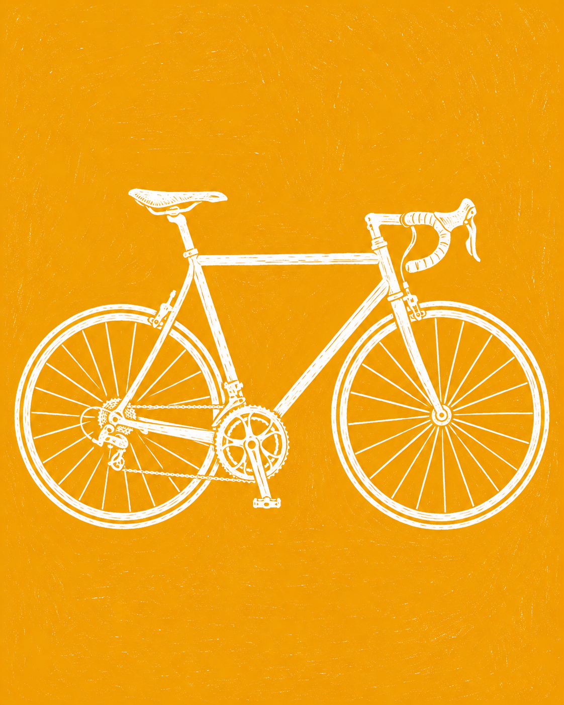 Lino-cut illustration of a road bike on a marigold ground
